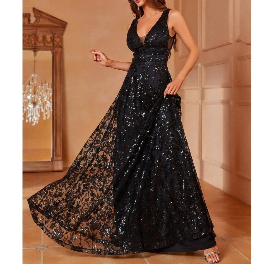 Luxe Floral Sequin Mesh Formal Black Tie Wedding Dress - Picture 2 of 5